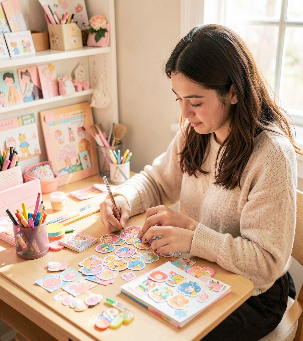 Artista da Meninas Criativas criando adesivos fofos